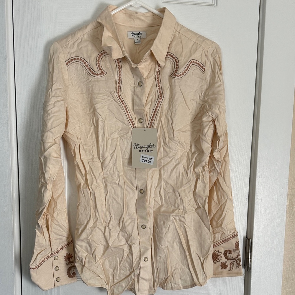 Wrangler Cream Ivory Western Shirt with Brown Embroidery Pearl Snaps NWT size S